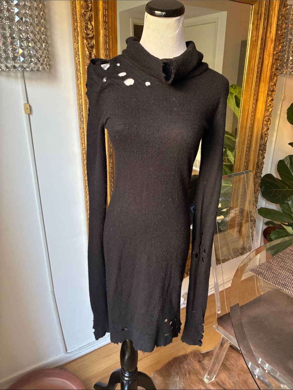 Unravel project Black Distressed Long-Sleeve cashmere Dress XS